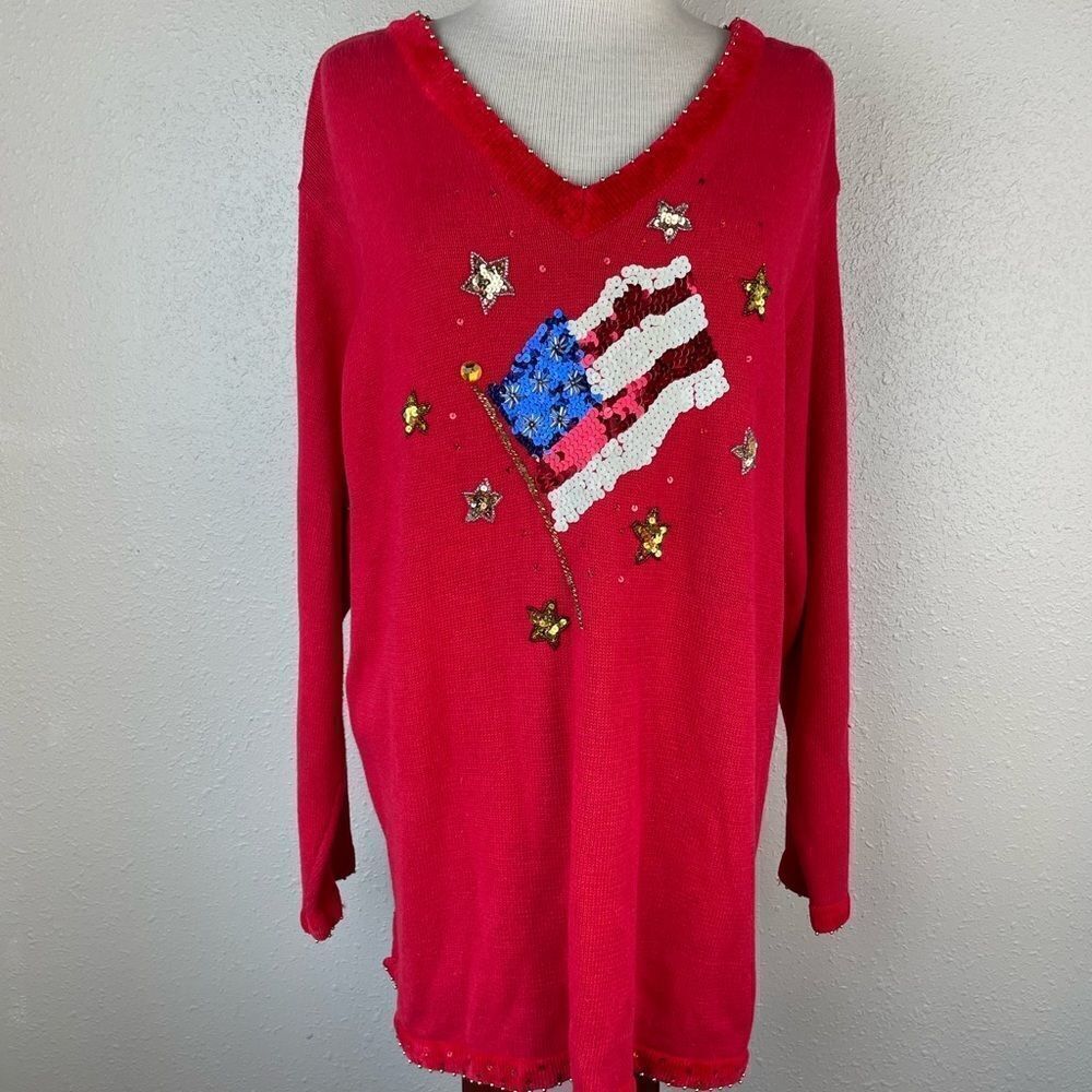 Quacker Factory American Flag V-Neck Sweater Size 1X